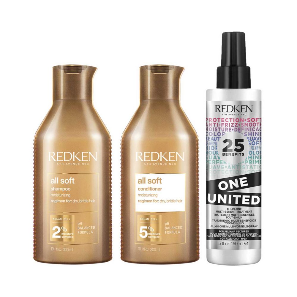 REDKEN All Soft Shampoo, Conditioner and One United Leave In Conditioner Bundle for Dry Hair
