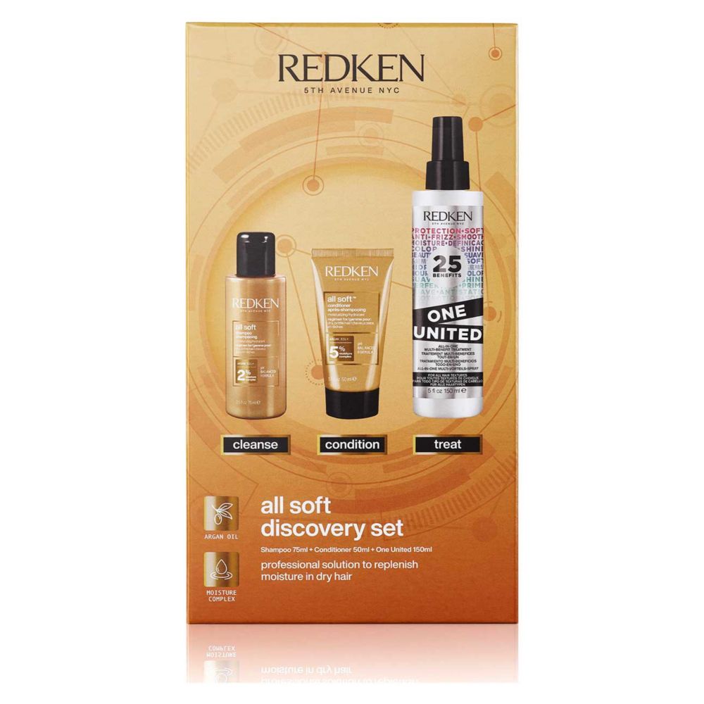 REDKEN All Soft Shampoo 75ml, Conditioner 50ml and One United Hair Treatment 150ml Discovery Set