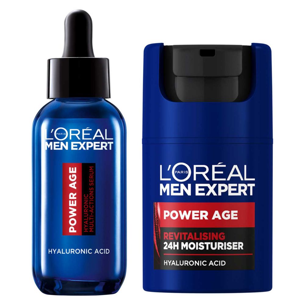 L'Oreal Paris Men Expert Powerage Serum 30ml & Hyaluronic Acid Revitalising Moisturiser 50ml Bundle