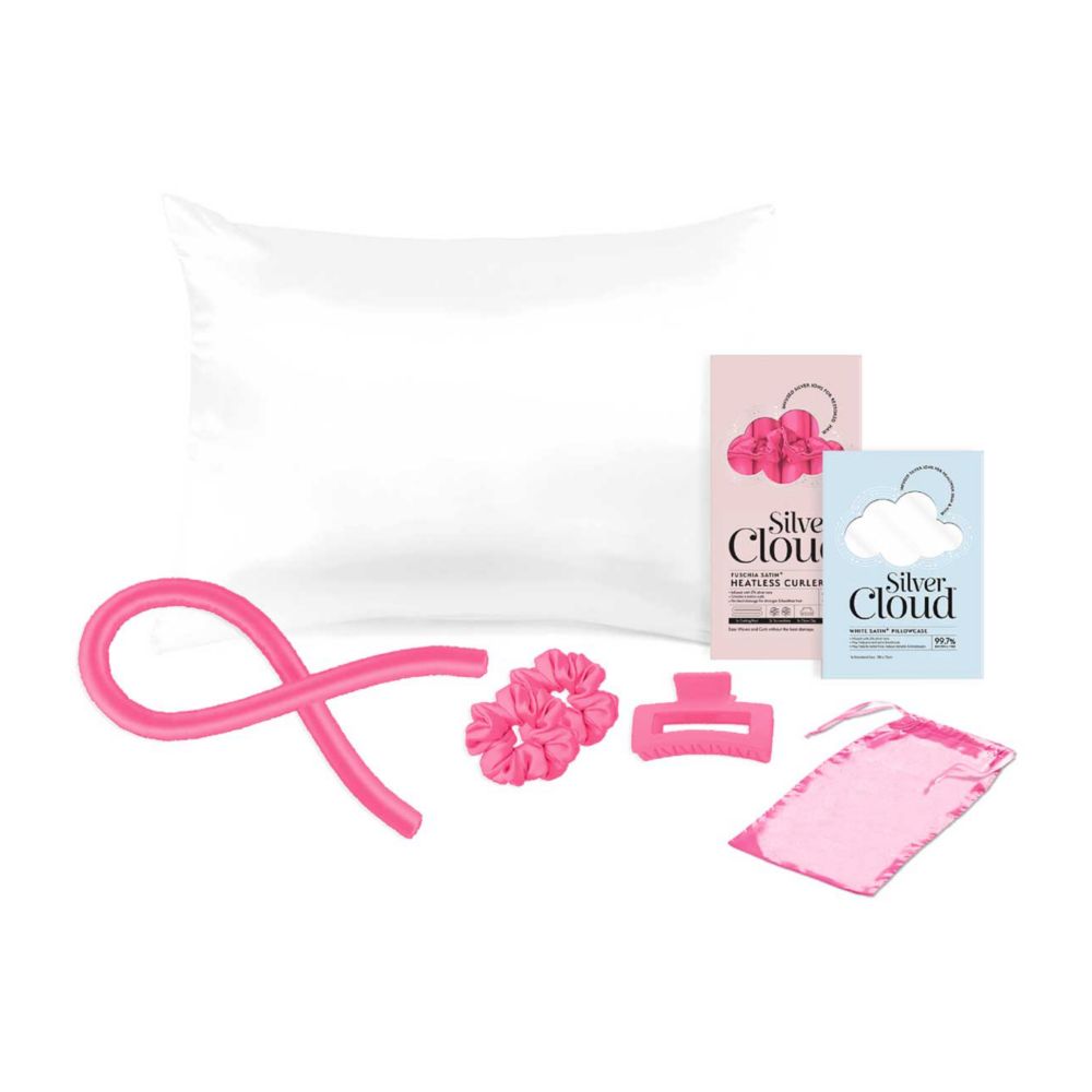 Silver Cloud Fuchsia Heatless Curlers and White Pillowcase