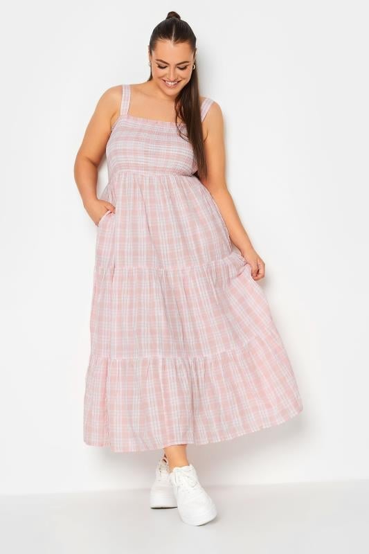 YOURS Curve Pink Check Print Shirred Strappy Sundress