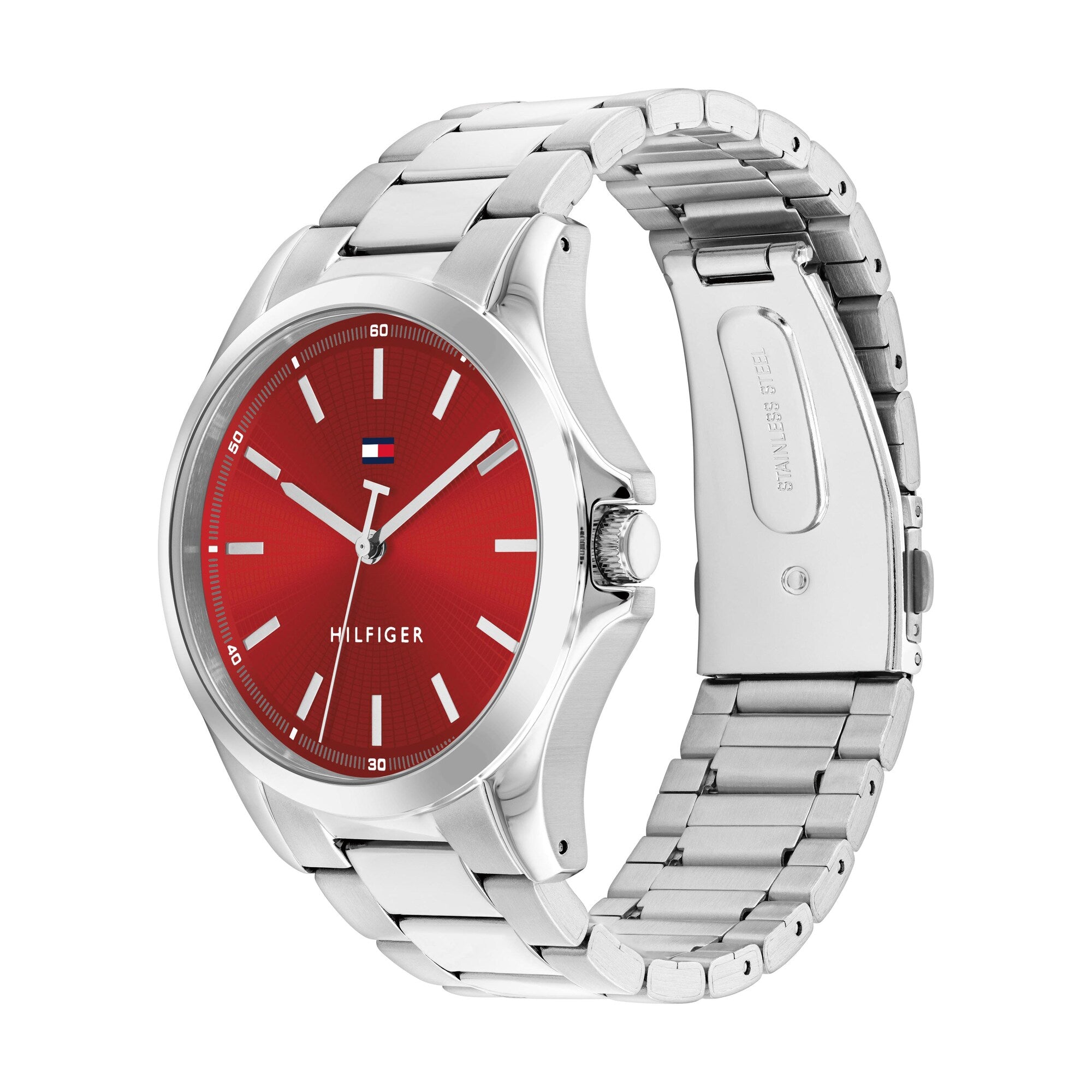 43mm Men's Red Textured Sunray Dial Stainless Steel Bracelet Watch