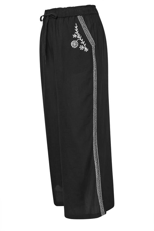 YOURS Curve Black Embroidery Wide Leg Linen Trousers