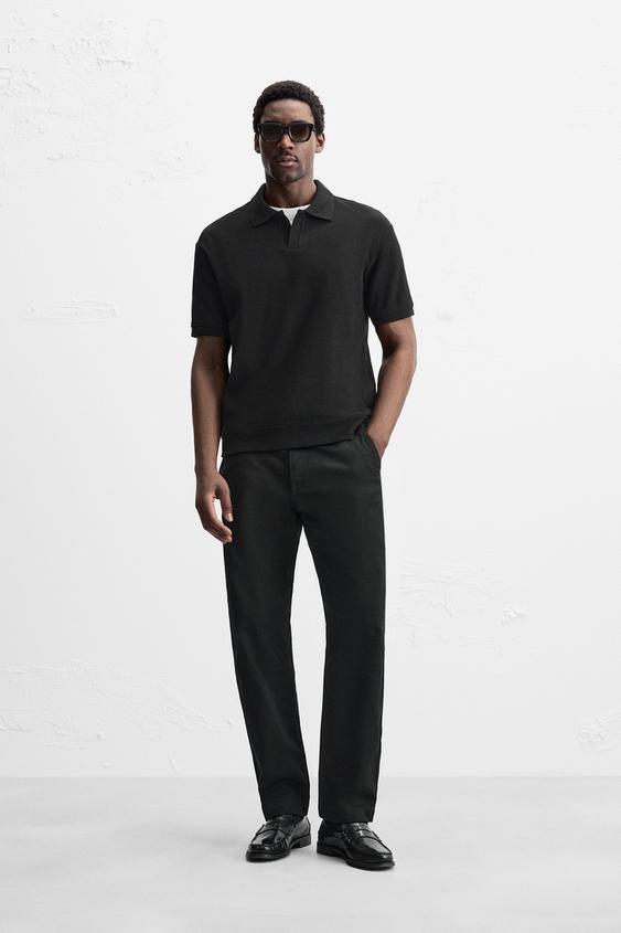 Vertical Textured Polo Shirt - Black