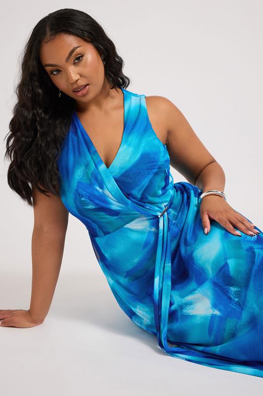 YOURS LONDON Curve Blue Floral Mesh Draped Maxi Dress