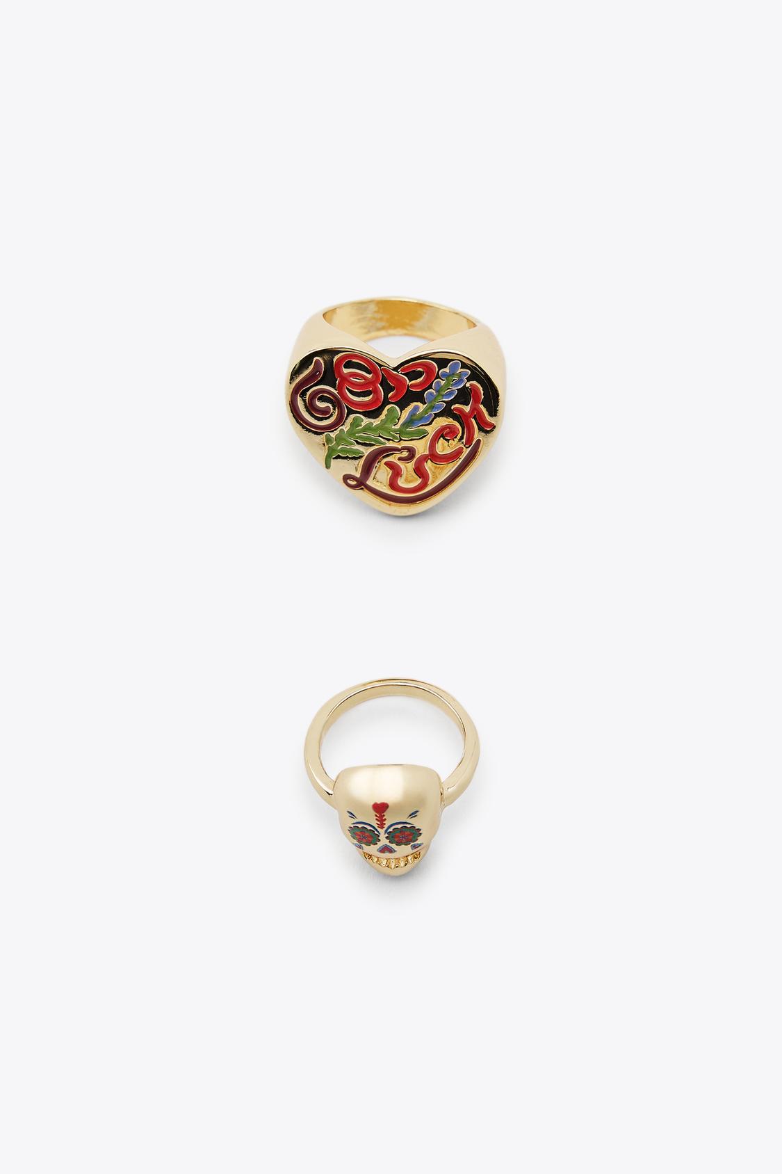 2-PACK OF ENAMELLED SKULL AND HEART RINGS