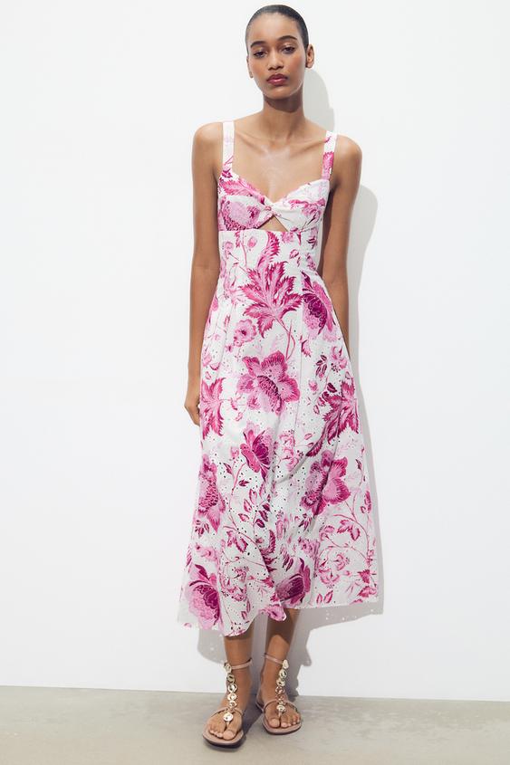 PRINTED DRESS WITH CUTWORK EMBROIDERY