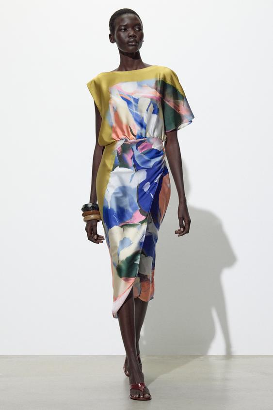 ASYMMETRIC PRINTED MIDI DRESS