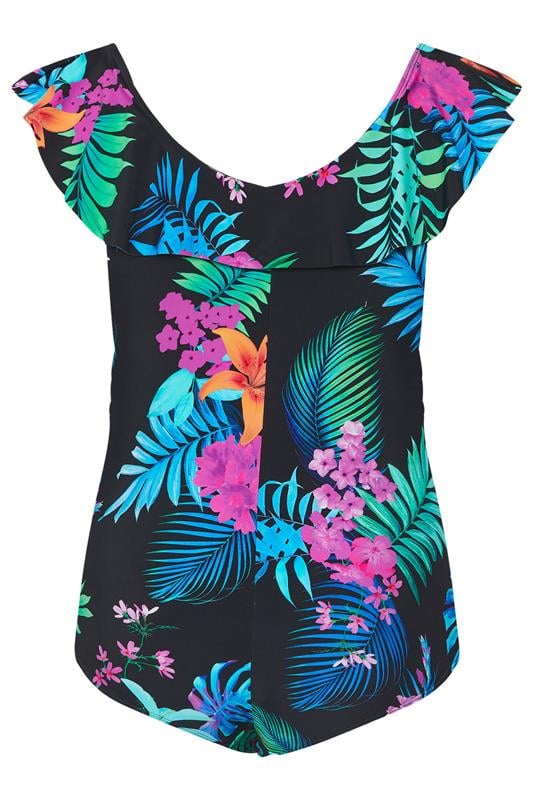 YOURS Curve Black Tropical Palm Print Frilled Premium Swimsuit