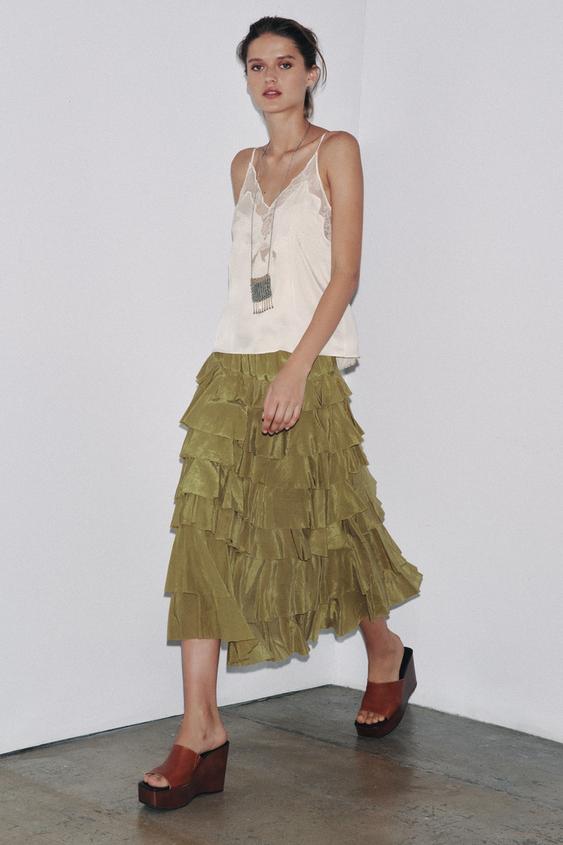 ZW COLLECTION MIDI SKIRT WITH RUFFLES - MID-GREEN