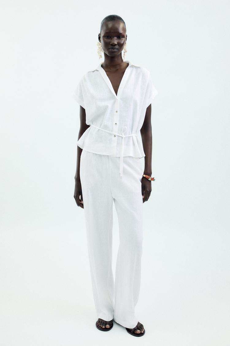 ZARA LINEN BLEND BELTED BLOUSE