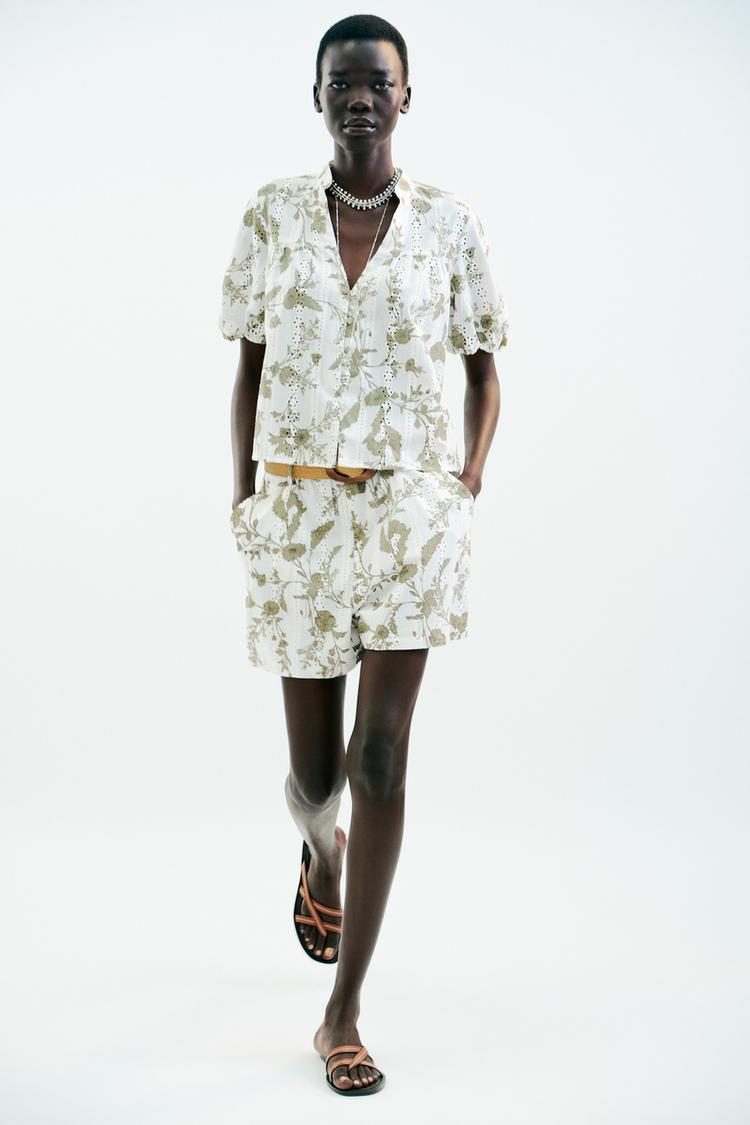 ZARA PRINTED TOP WITH CUTWORK EMBROIDERY