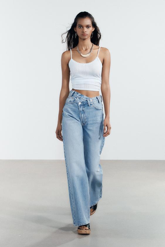 ZARA HIGH-WAIST TRF WIDE-LEG CROSSOVER WAIST JEANS