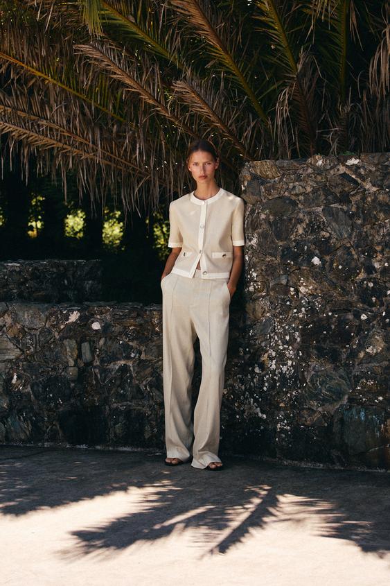 STRAIGHT LEG LINEN BLEND TROUSERS