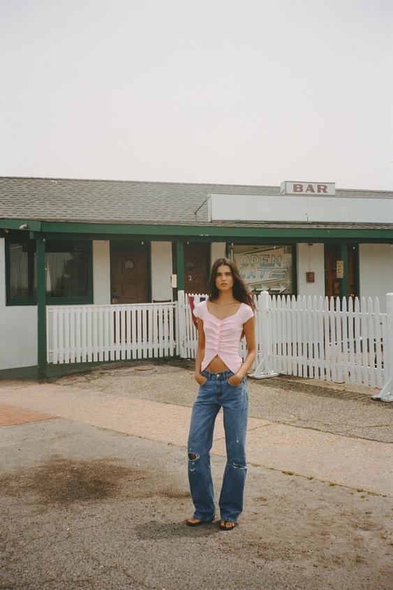 ZARA TRF RIPPED WIDE-LEG MID-WAIST JEANS