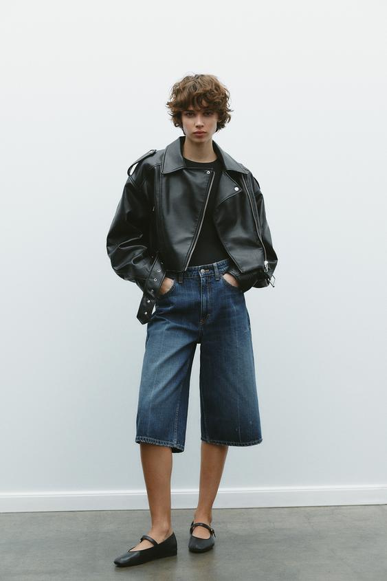 ZARA LEATHER EFFECT CROPPED BIKER JACKET