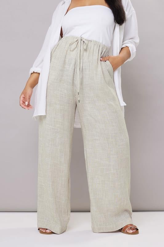 YOURS Curve White Striped Linen Tie Front Trousers