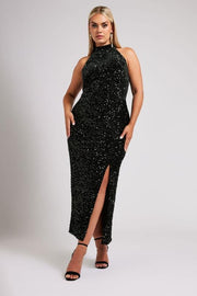 YOURS LONDON Curve Black Velvet Sequin Halterneck Maxi Dress