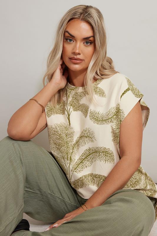 YOURS Curve Natural Brown Palm Print Boxy T-Shirt