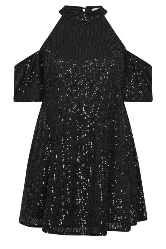 YOURS LONDON Curve Black Sequin Cold Shoulder Peplum Top