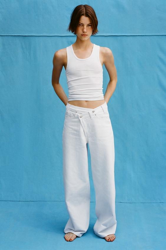 ZARA HIGH-WAIST TRF WIDE-LEG CROSSOVER WAIST JEANS