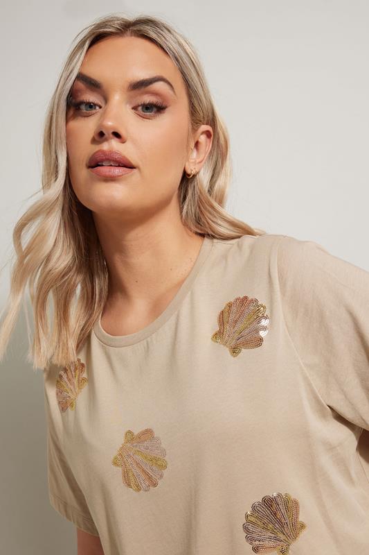 YOURS Curve Natural Brown Sequin Embellished Shell T-Shirt