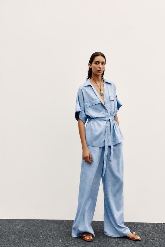 ZARA LINEN BLEND WIDE-LEG TROUSERS