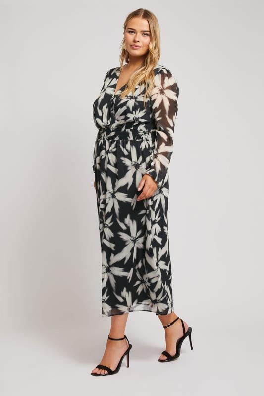 YOURS LONDON Curve Black Blurred Floral Print Maxi Wrap Dress