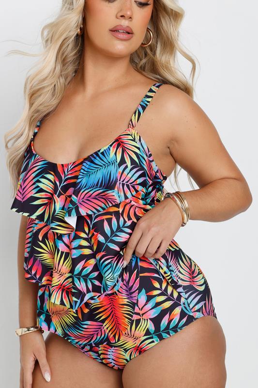 YOURS Curve Black Tropical Print Frill Swimsuit