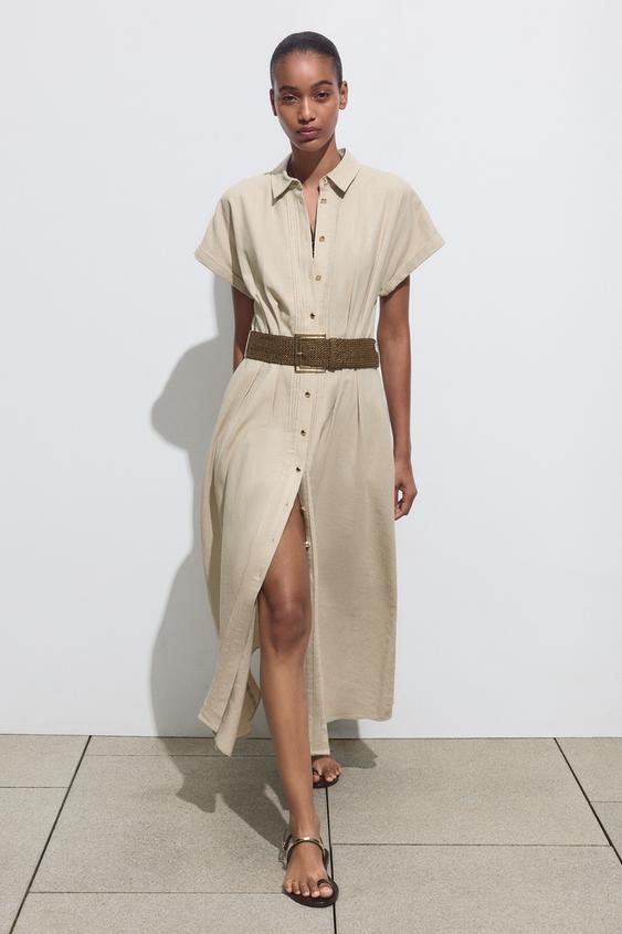LINEN BLEND MIDI DRESS WITH BELT