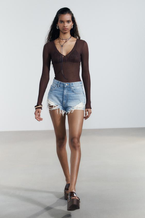 ZARA HIGH-WAIST CURVED DENIM SHORTS