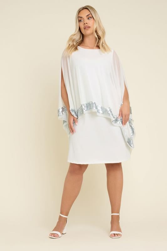 YOURS Curve White Sequin Trim Cape Dress