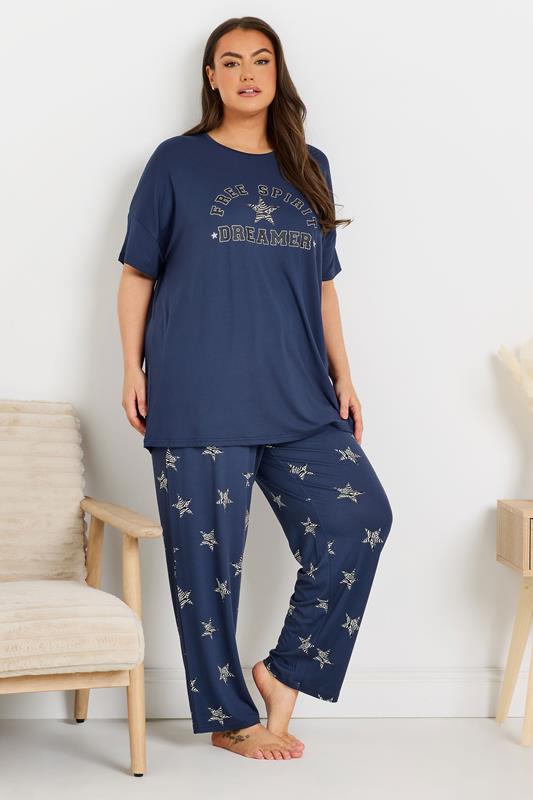YOURS Curve Navy Blue 'Free Spirit Dreamer' Star Print Wide Leg Pyjama Set