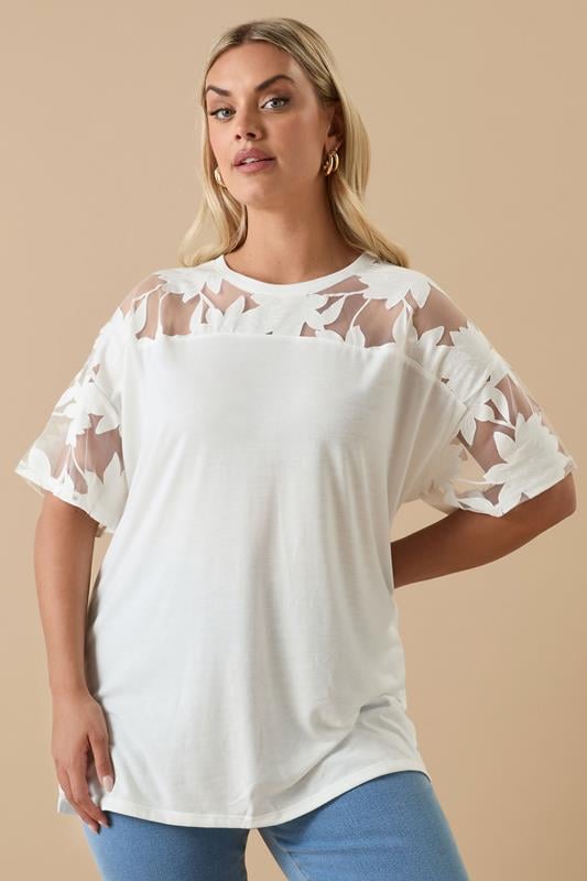 YOURS Curve White Floral Burnout Boxy T-Shirt