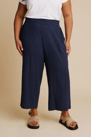 YOURS Curve Navy Blue Linen Cropped Wide Leg Trousers