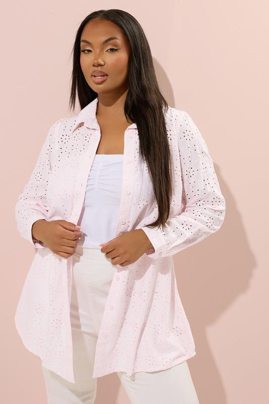 YOURS Curve Pink Broderie Anglaise Long Sleeve Shirt