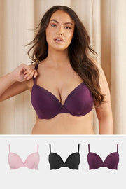 YOURS 3 PACK Curve Purple & Pink Lace Trim Padded T-Shirt Bras