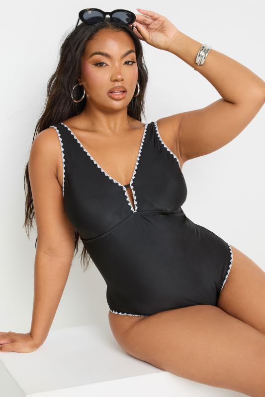 YOURS Curve Black Contrast Blanket Stitch Plunge Swimsuit