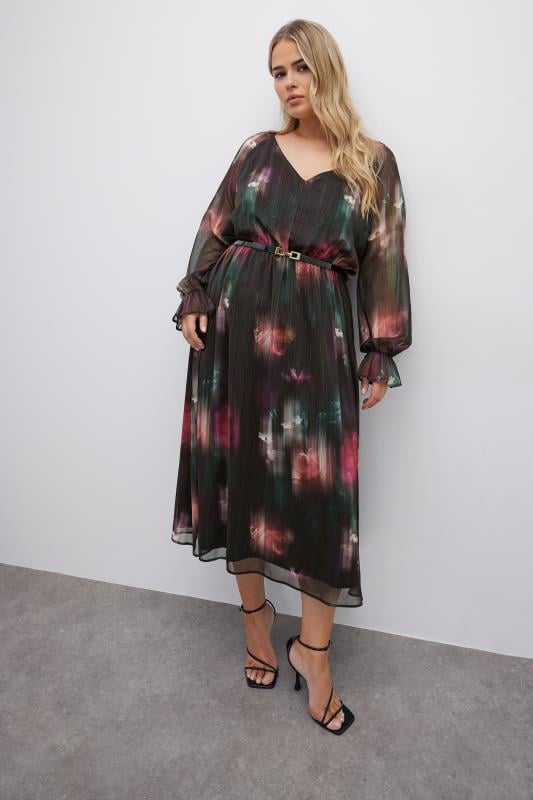 YOURS LONDON Curve Black Floral Print Metallic Midaxi Dress With Belt