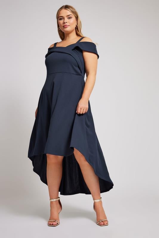 YOURS LONDON Curve Navy Blue Bardot Dipped Hem Dress