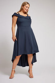 YOURS LONDON Curve Navy Blue Bardot Dipped Hem Dress