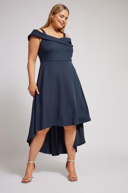 YOURS LONDON Curve Navy Blue Bardot Dipped Hem Dress