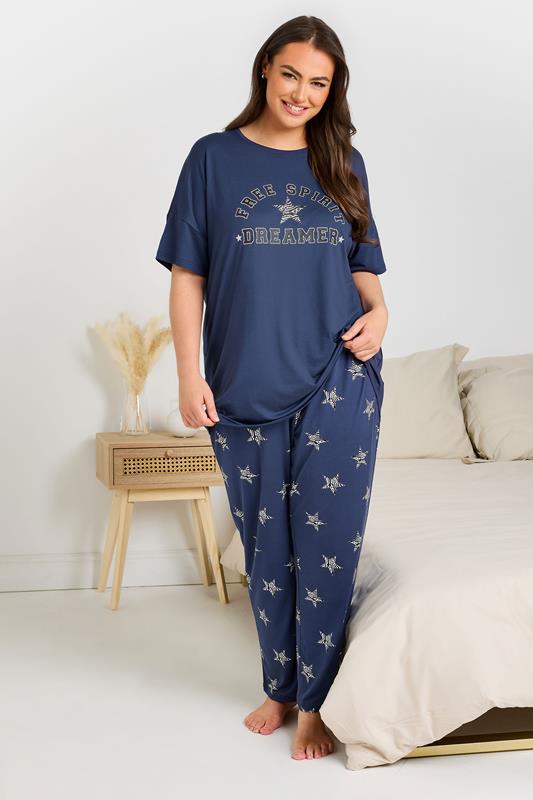 YOURS Curve Navy Blue 'Free Spirit Dreamer' Star Print Wide Leg Pyjama Set