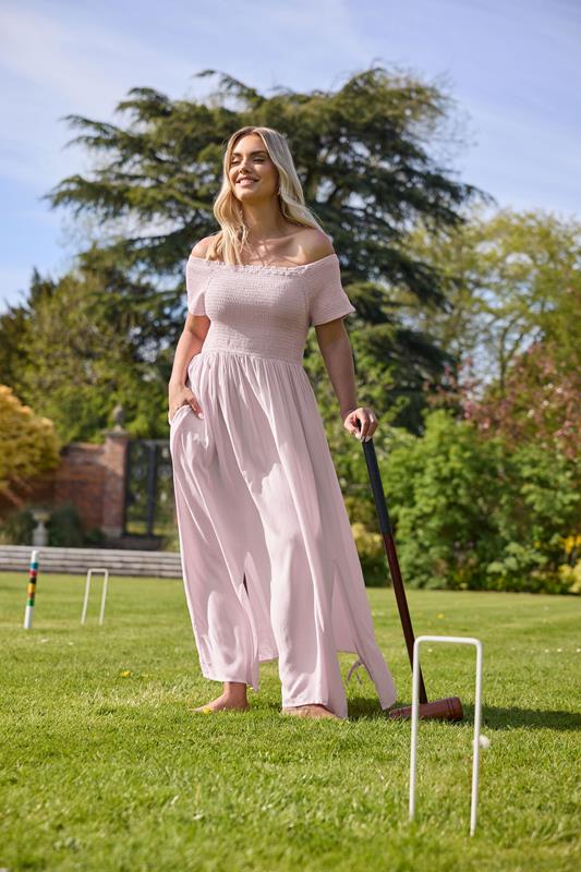 YOURS Curve Light Pink Shirred Bardot Maxi Dress