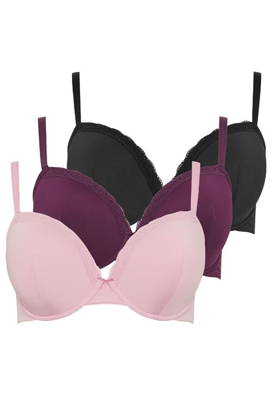 YOURS 3 PACK Curve Purple & Pink Lace Trim Padded T-Shirt Bras