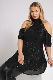 YOURS LONDON Curve Black Sequin Cold Shoulder Peplum Top