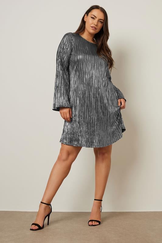 YOURS Curve Silver Metallic Plisse Dress