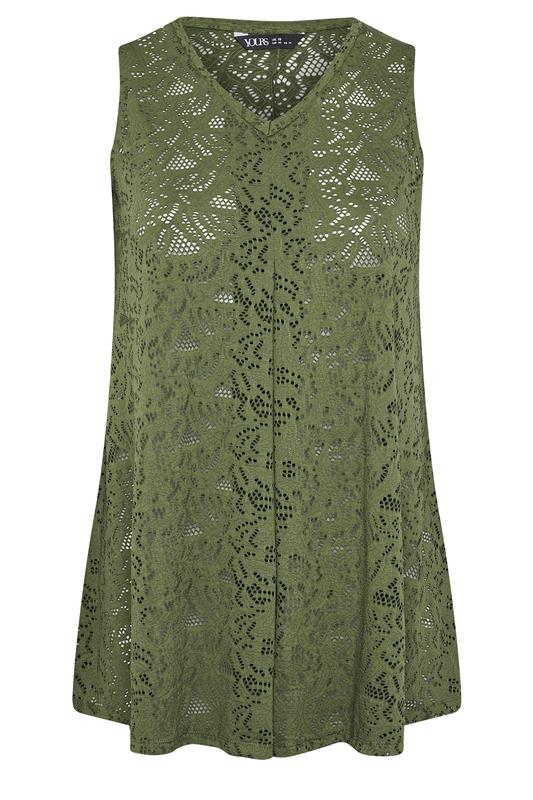 YOURS Curve Khaki Green Broderie Anglaise Pleat Front Vest Top