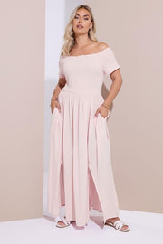 YOURS Curve Light Pink Shirred Bardot Maxi Dress