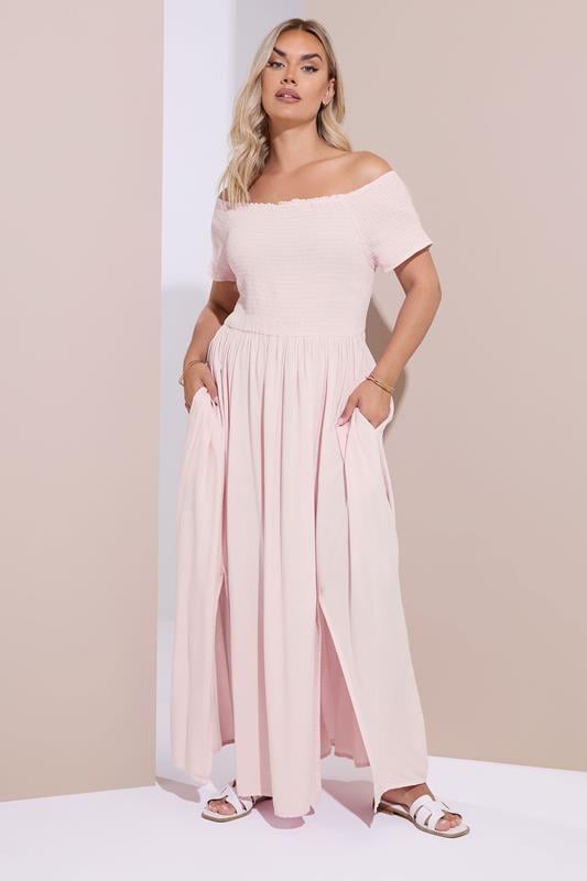 YOURS Curve Light Pink Shirred Bardot Maxi Dress